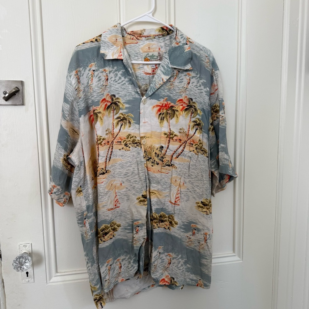 Vintage Tropical Print Button-Up Shirt - Blue & Cream Palm Scene